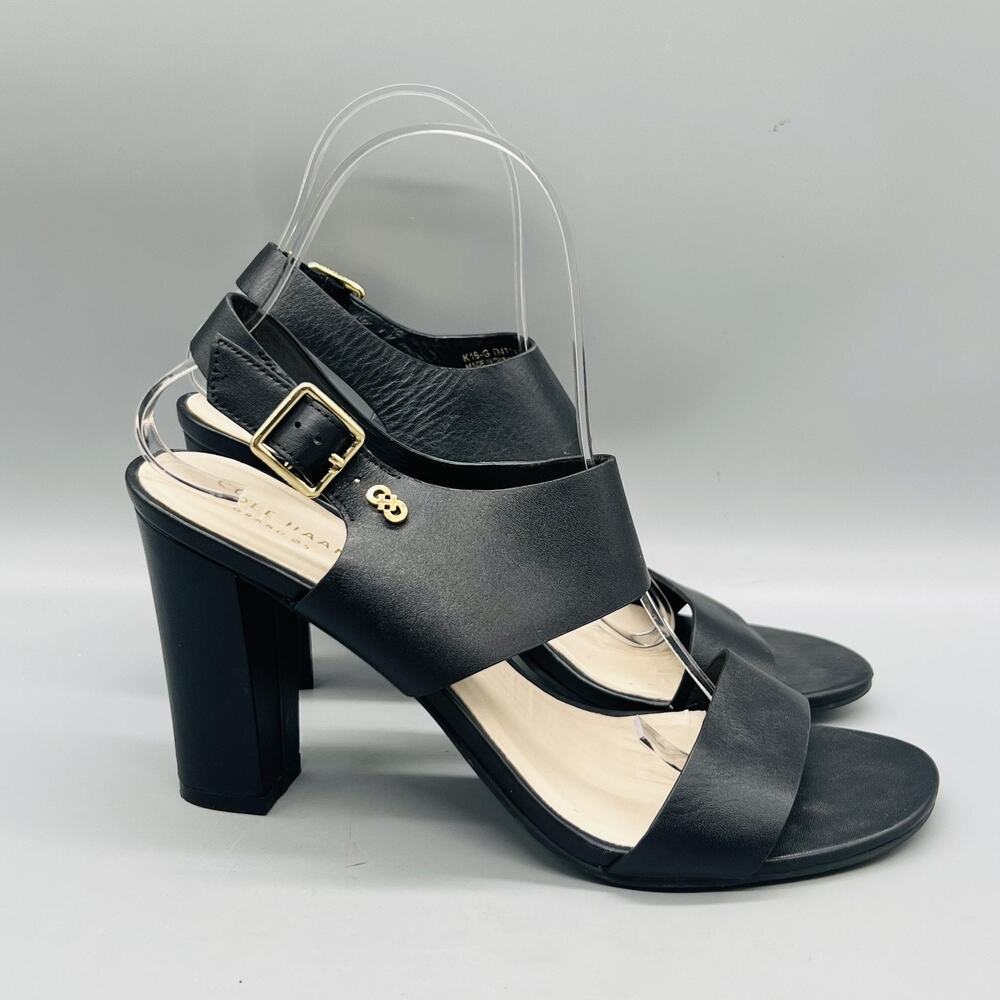 Cole Haan Sandals Womens 8.5 Black Leather Grand OS Slingback Block Heel Shoes